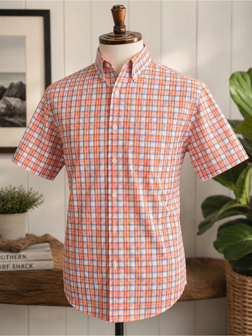 Croft & Barrow Orange Blue Plaid Button Down Shirt Men’s Small Preppy Coastal
